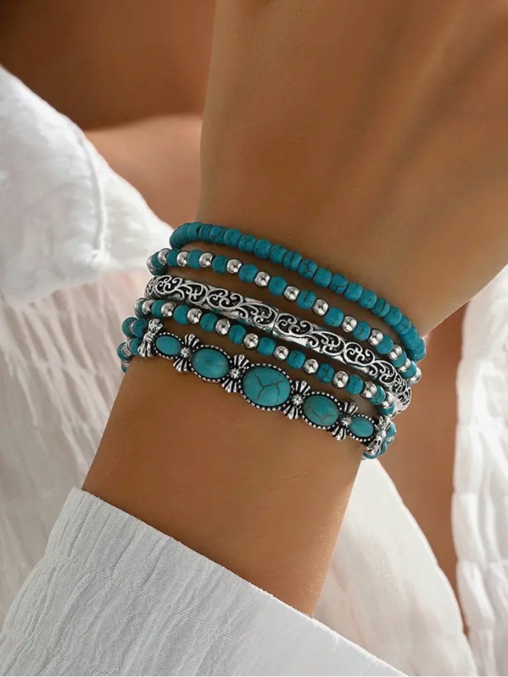 Turquoise Beaded Silver-Accent Multi-Layer Bracelet Set - Women Jewelry